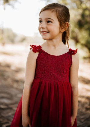 Cap Sleeves Burgundy Lace Tulle Flower Girl Dress